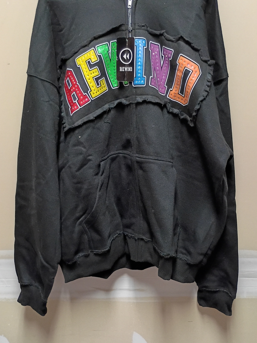 REWIND Black Distressed Zip Up Hoodie with Rainbow Lettering